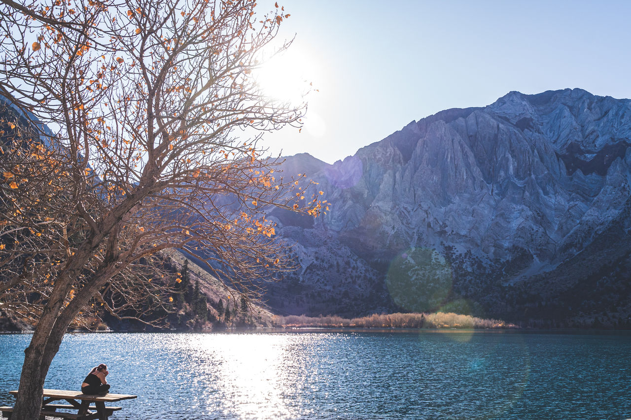 SCENIC VIEW OF LAKE BY TREE MOUNTAINS AGAINST SKY