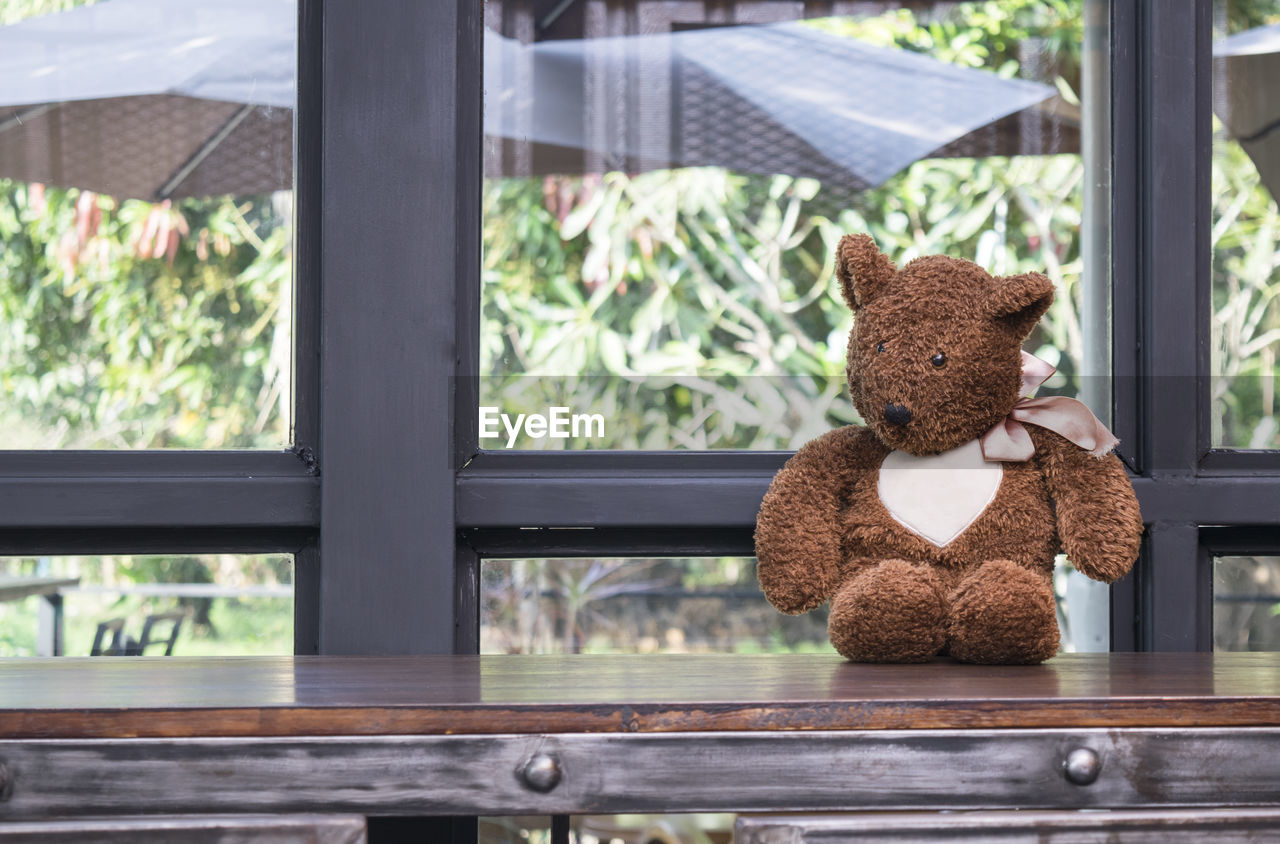 Close-up of teddy bear on window sill