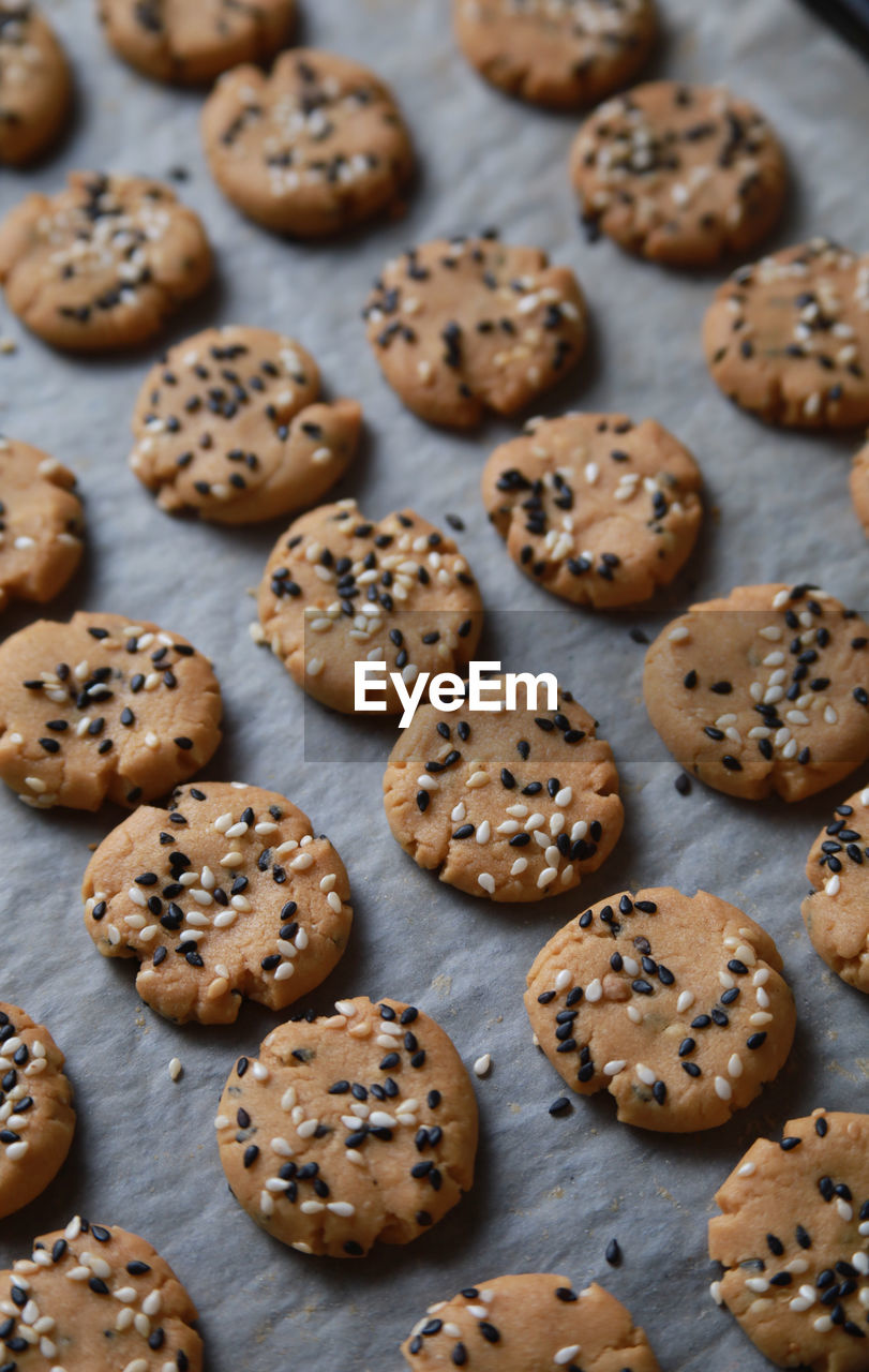 High angle view of sesame seeds cookies