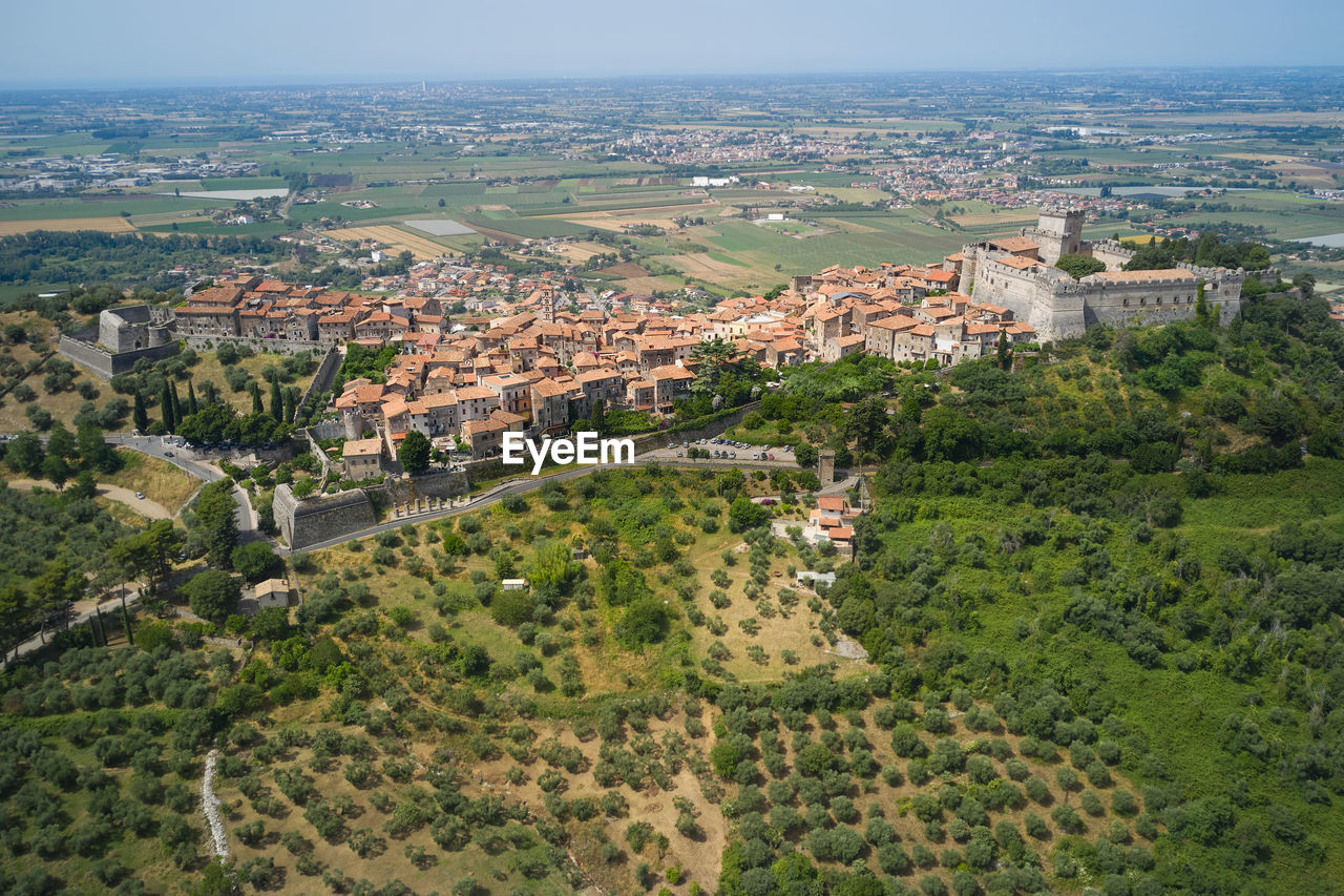 Panoramic aerial view of the medieval town of sermoneta latina