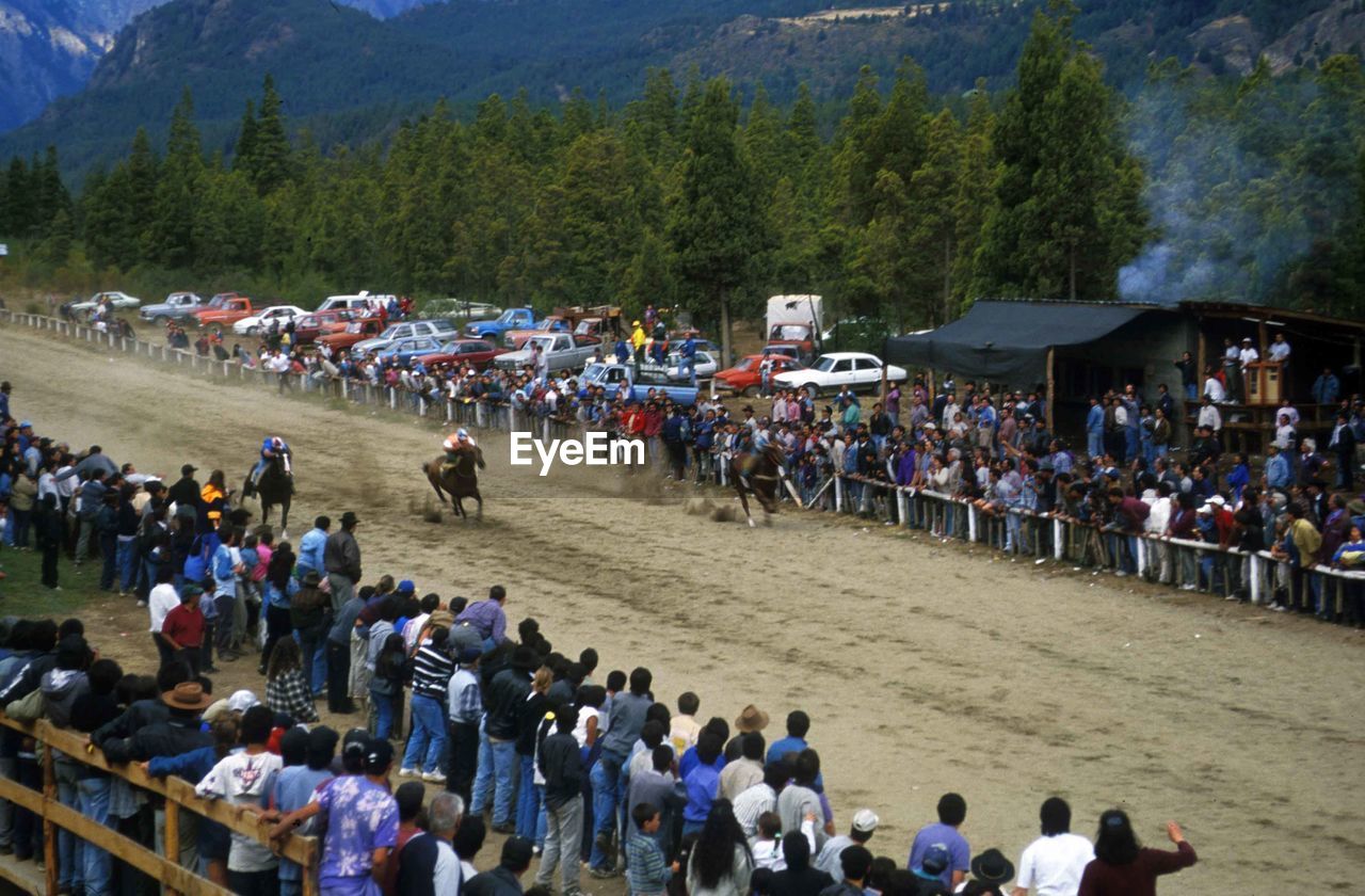 Crowd watching horse racing against trees