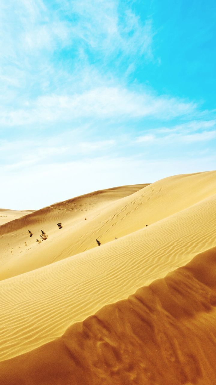 Sand dunes in desert against blue sky