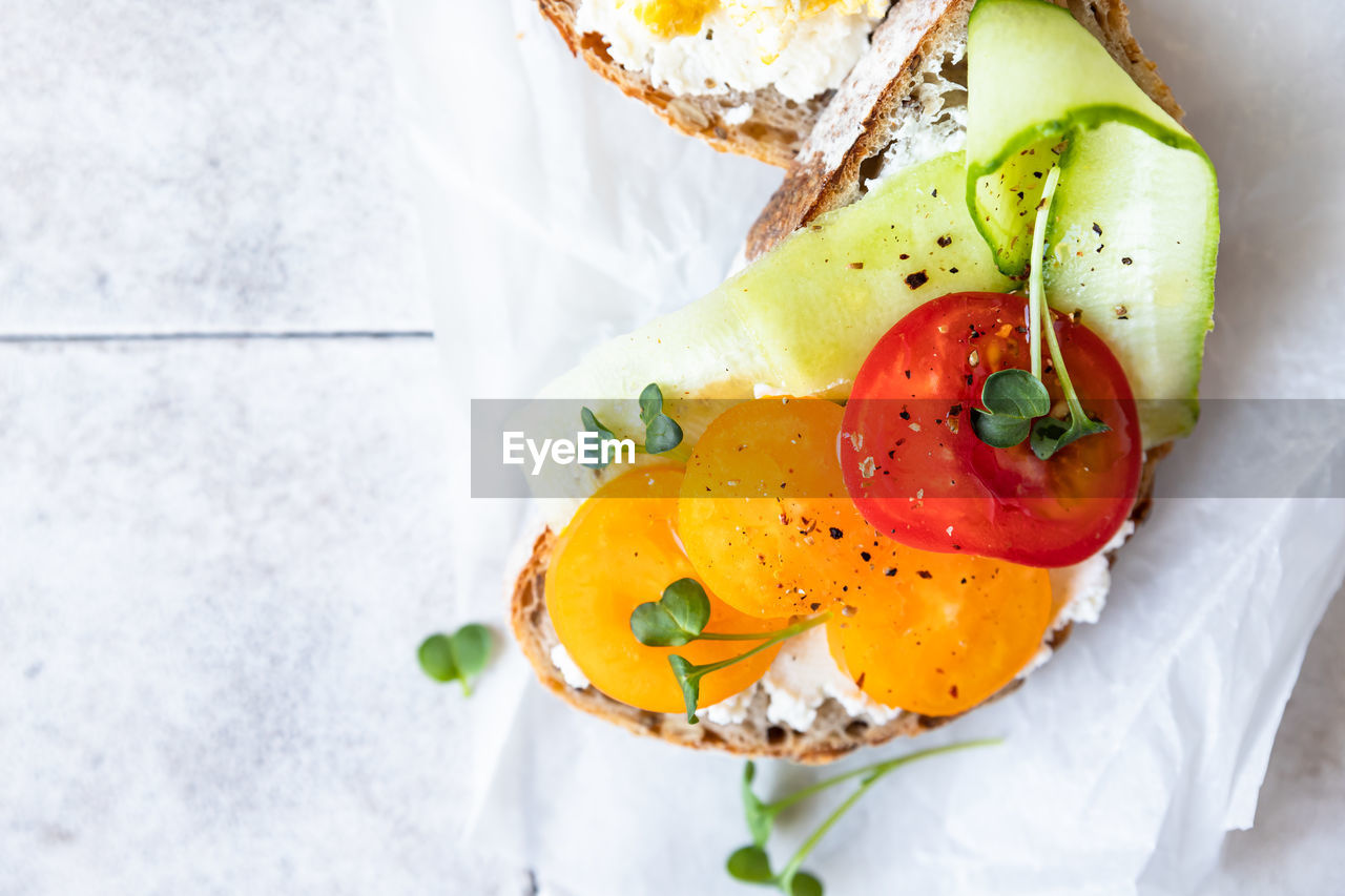 food and drink, food, healthy eating, dish, fruit, freshness, wellbeing, vegetable, meal, produce, salad, tomato, high angle view, indoors, plant, breakfast, egg, no people, fast food, studio shot, herb, bread