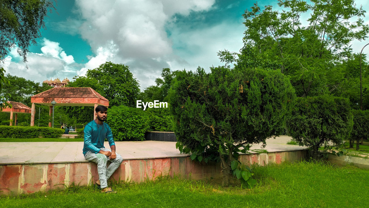 Rear view of man sitting against trees