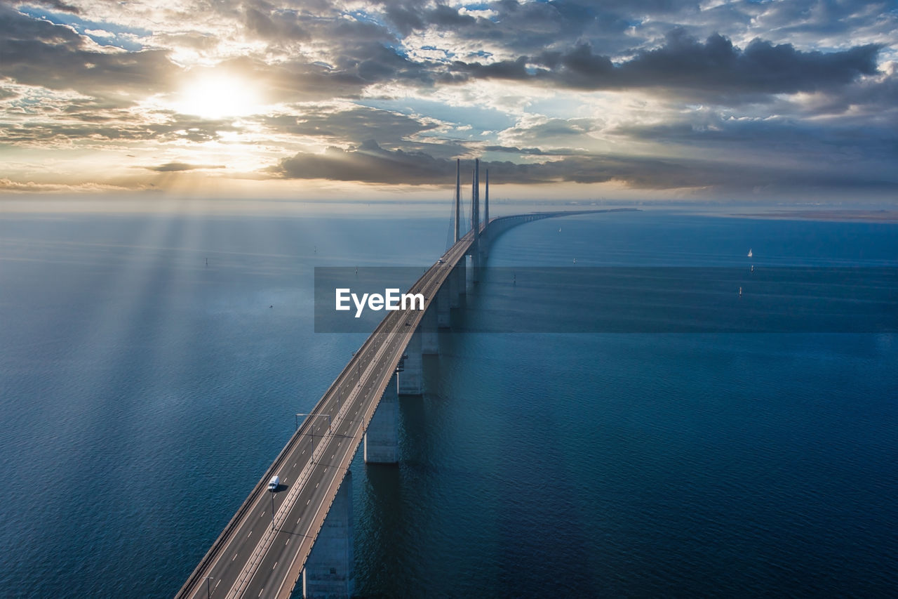 Panoramic view of oresund bridge during sunset over the baltic sea