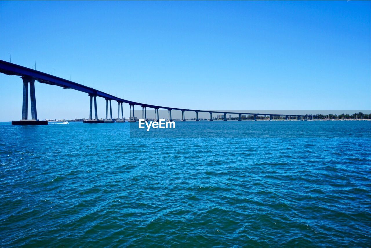 BRIDGE OVER SEA AGAINST CLEAR BLUE SKY
