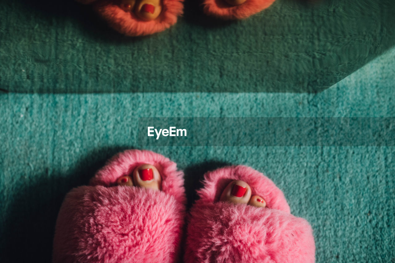 Feet with red painted toenails in pink furry fuzzy slippers against teal carpet