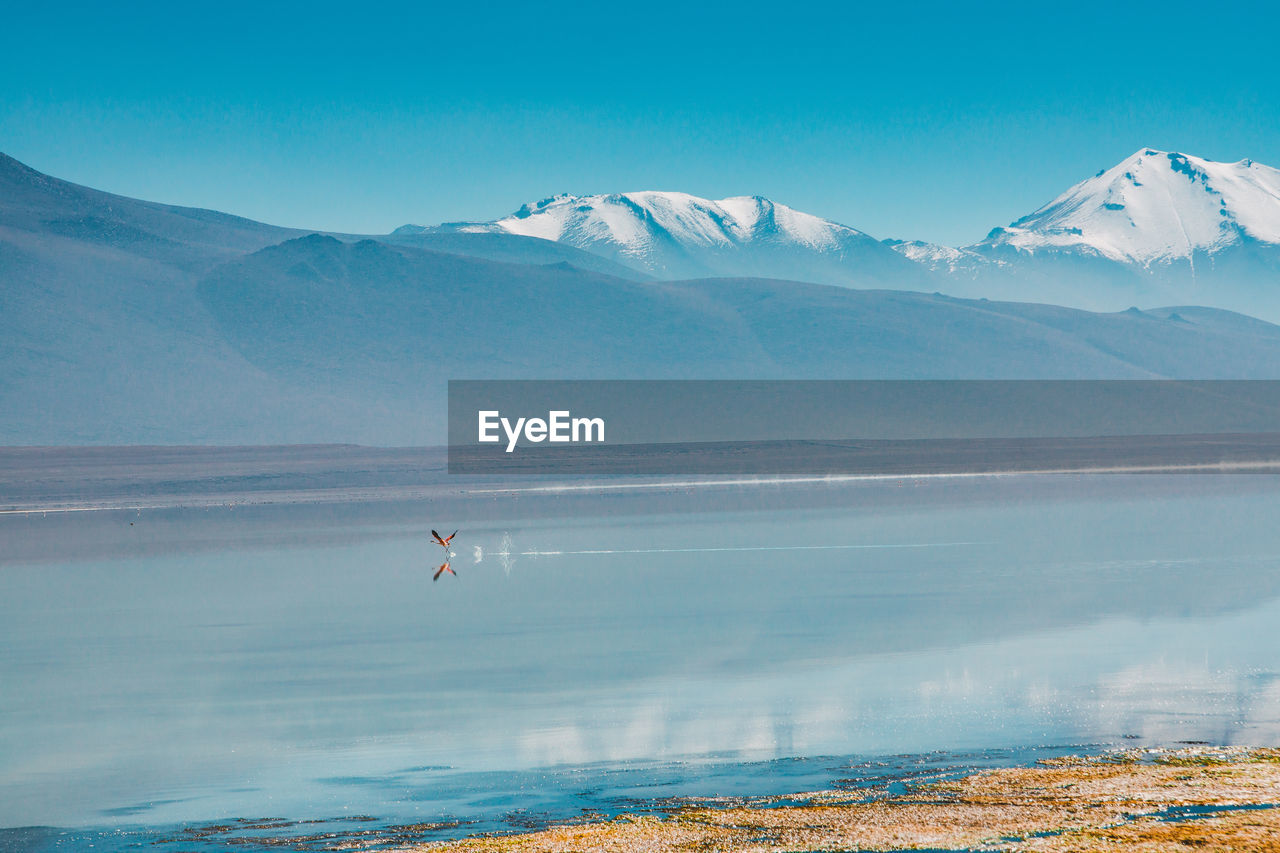 Scenic view of lake and mountains against sky