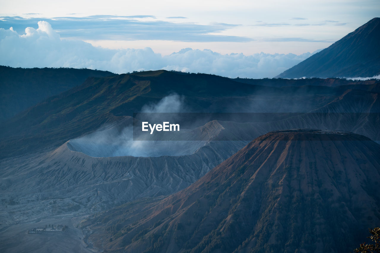 Aerial view of volcanic landscape on mount bromo indonesia.
