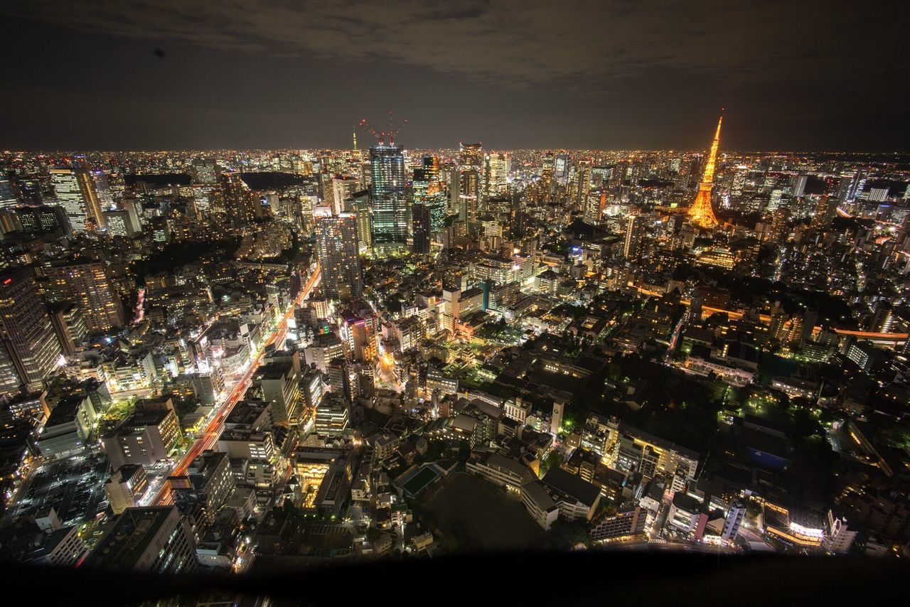 High angle view of illuminated city at night