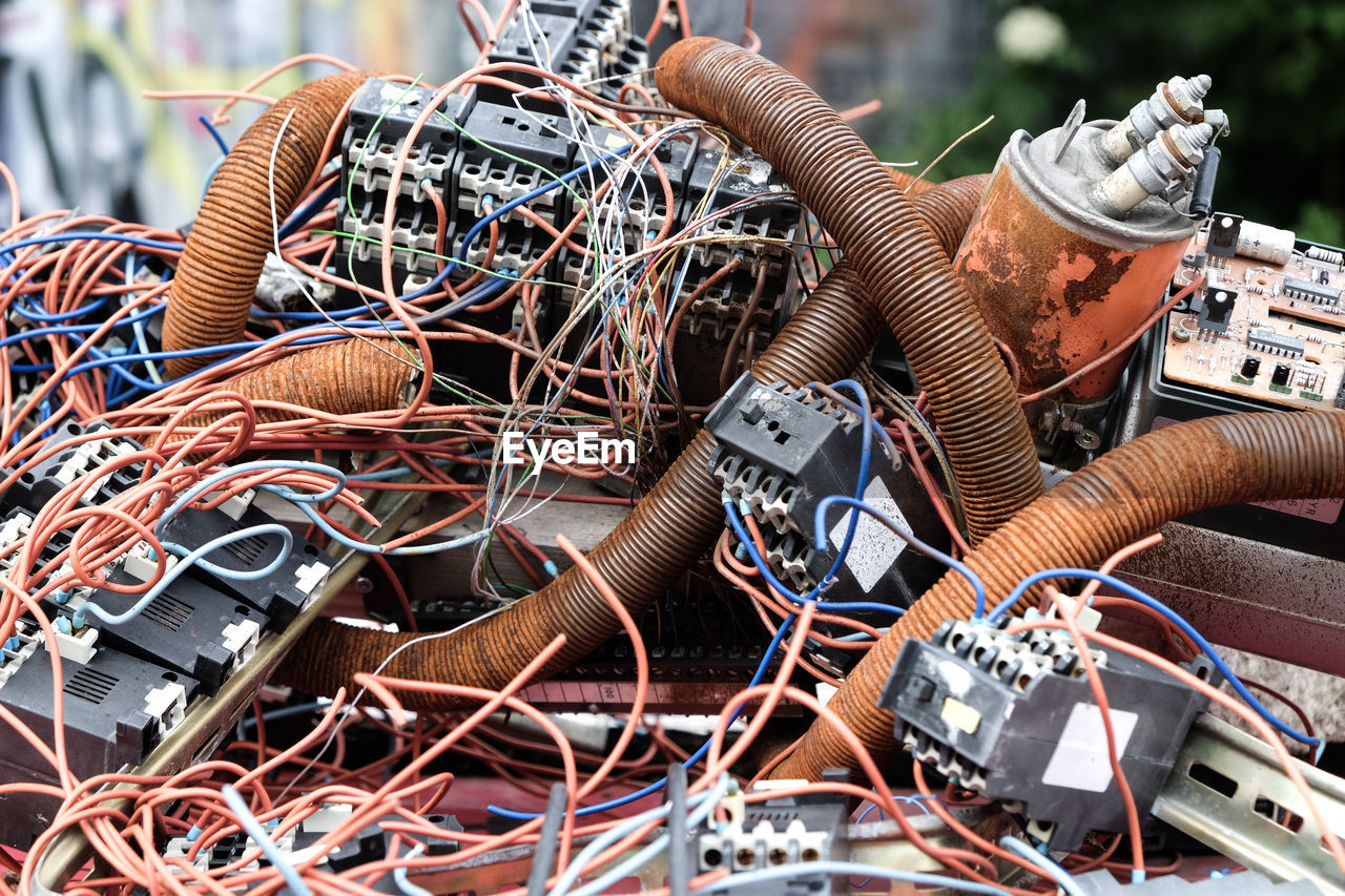 Close-up of e-waste in junkyard