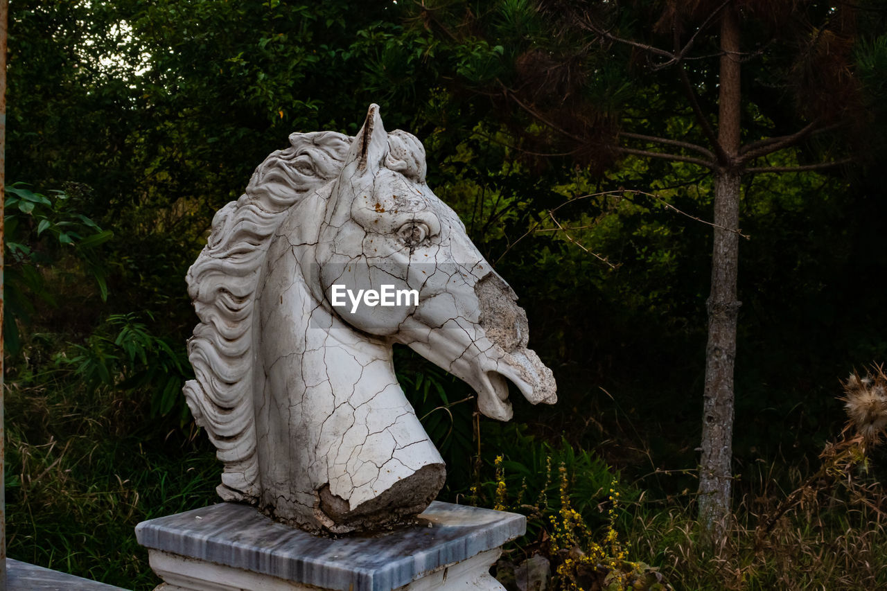 Broken statue of horse against tree
