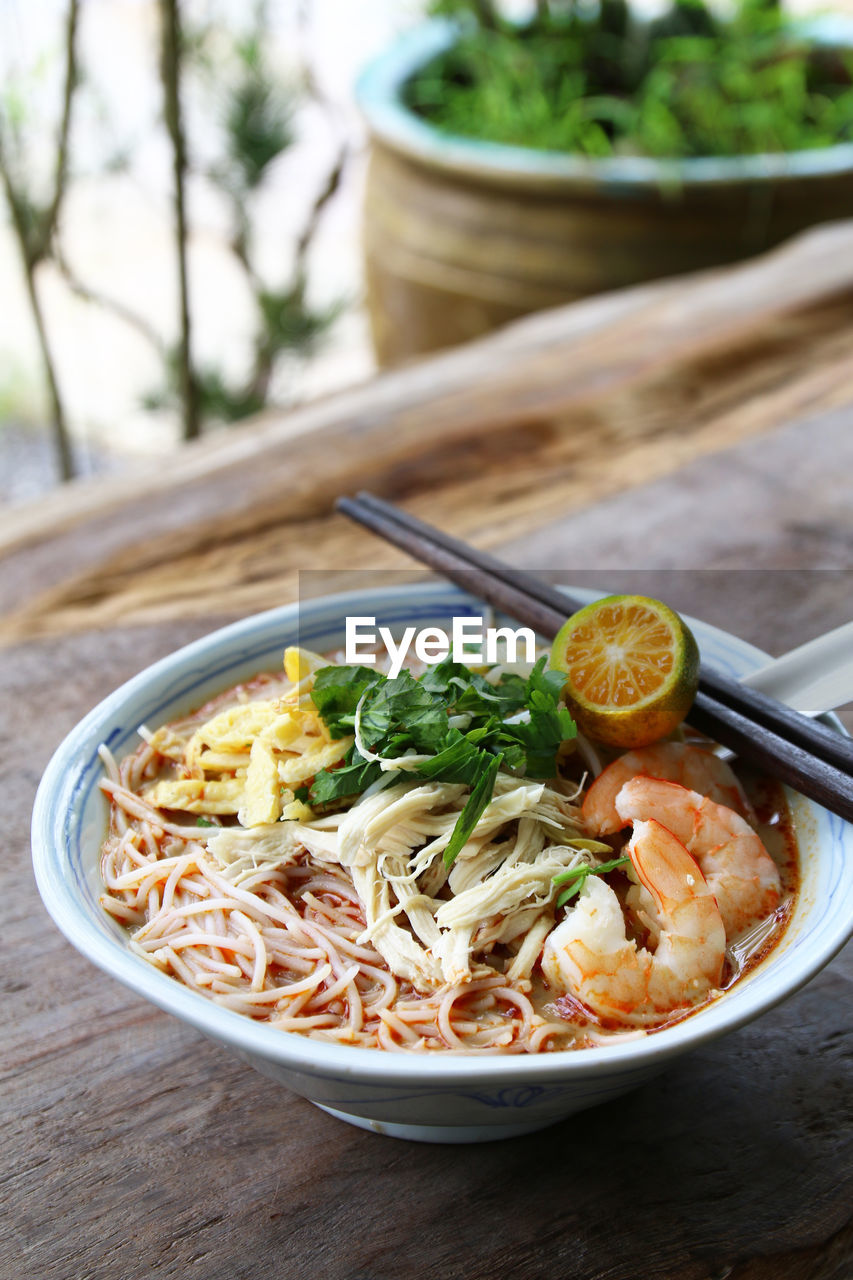 High angle view of noodles in bowl on table