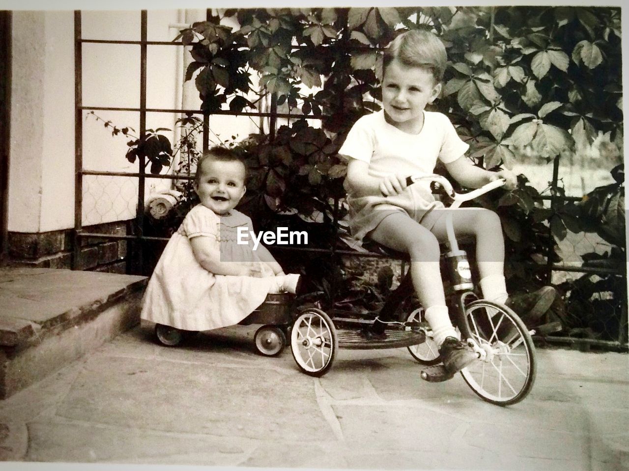 Boy riding tricycle while sister sitting in wagon at yard