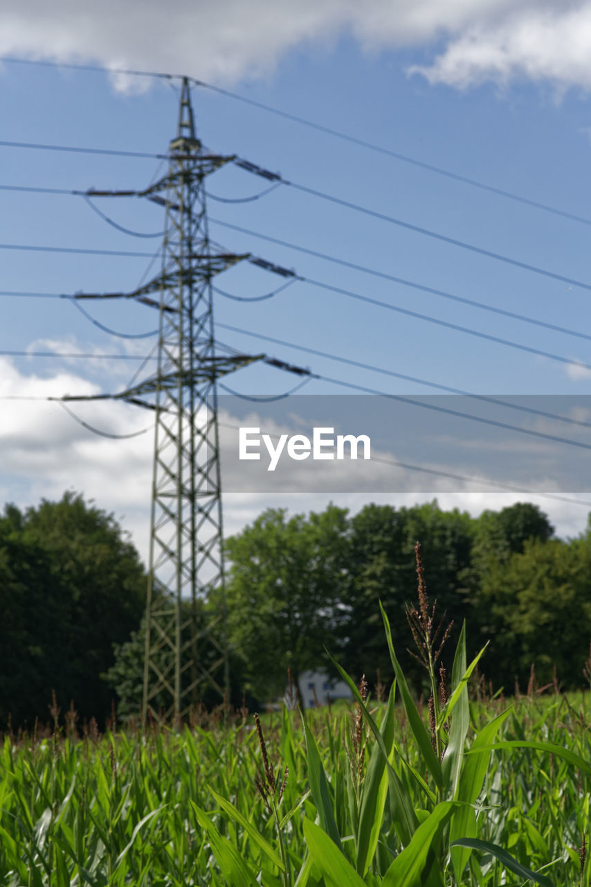 ELECTRICITY PYLON ON GRASSY FIELD AGAINST SKY