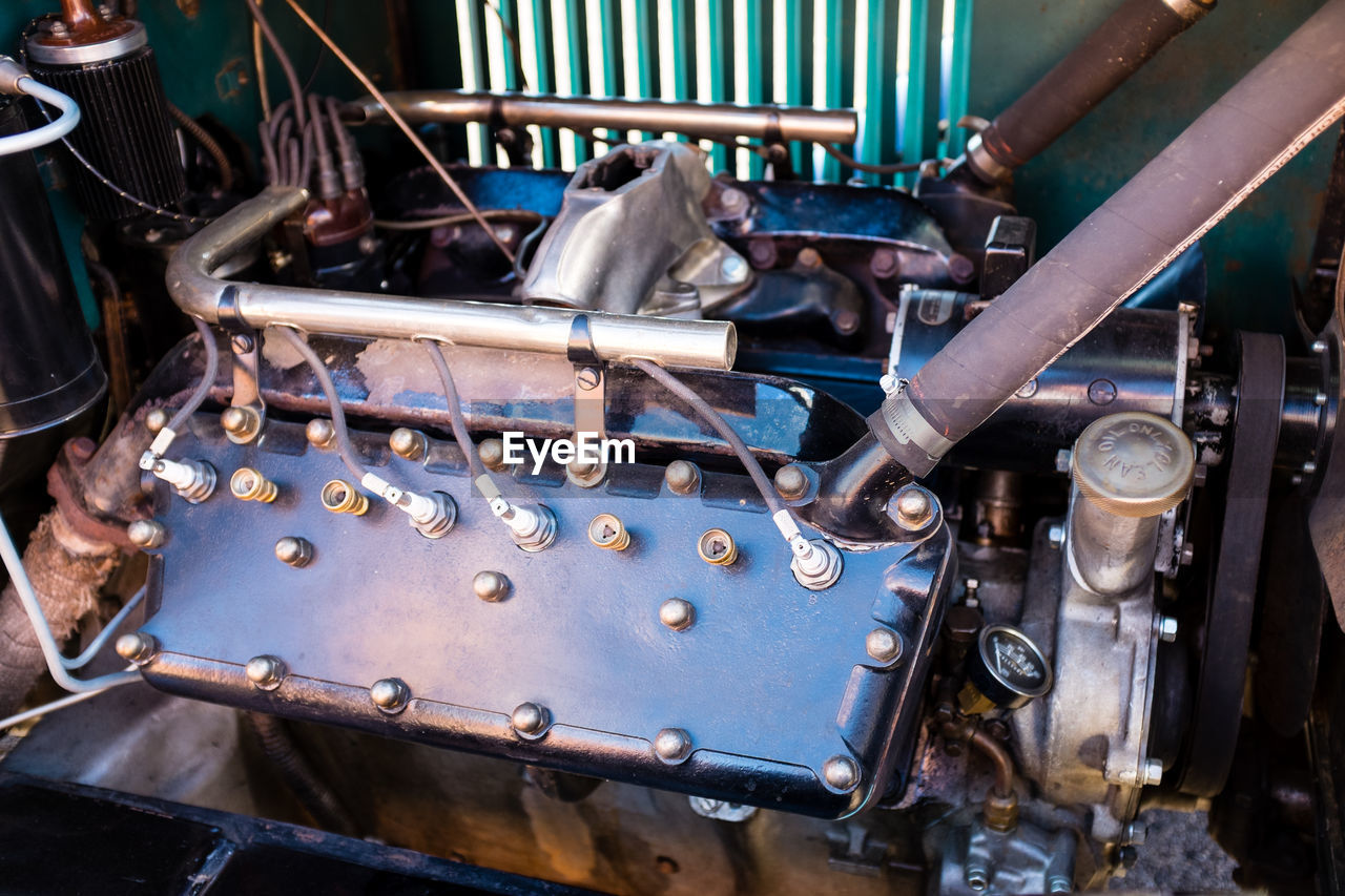 High angle view of engine in vintage car