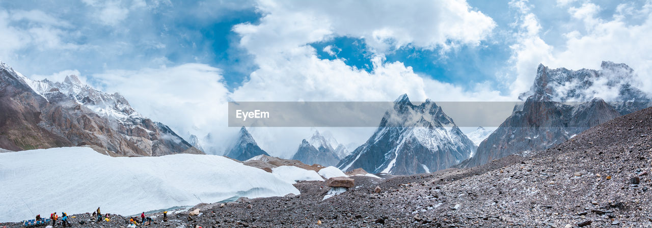 Panoramic view of snowcapped mountains against sky