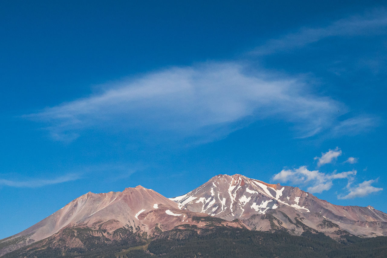 Mt. shasta california on sunny fall day and blue sky. panoramic