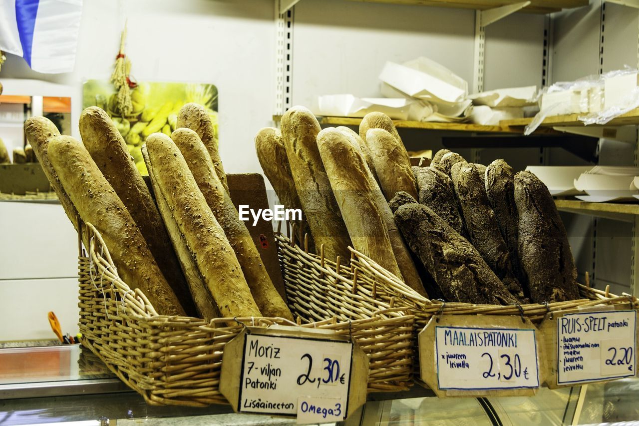Assorted baguette breads in bakery shop