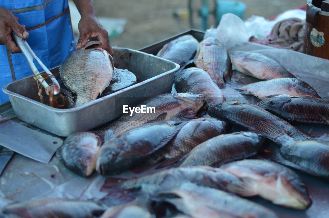 Close-up of vendor selling fishes in market