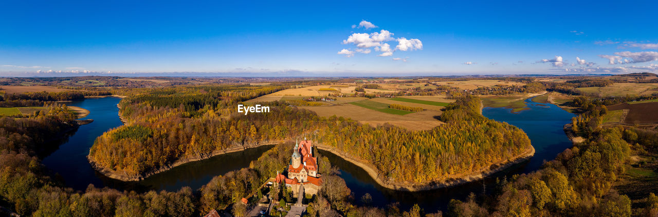 Panoramic view on czocha castle, poland. drone photography.