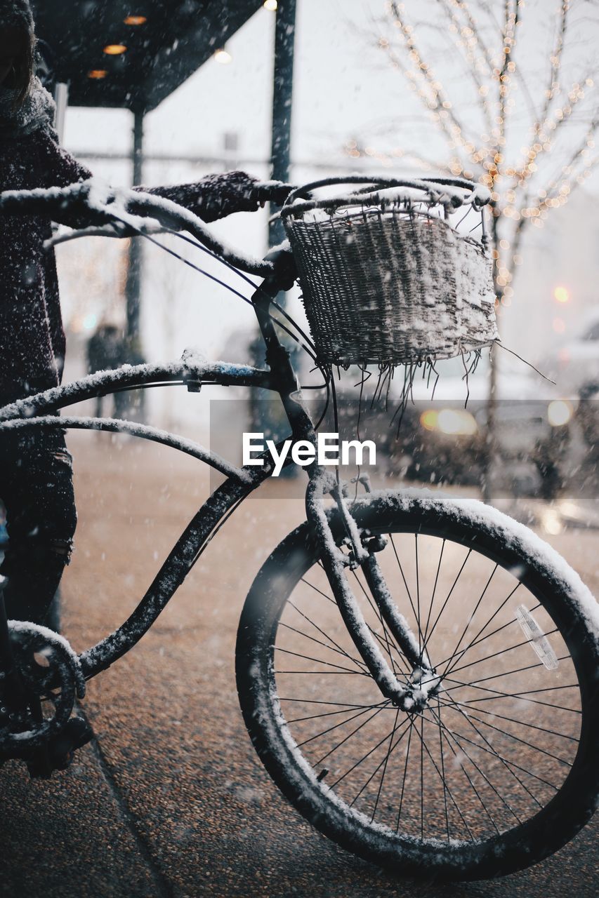 Close-up of bicycle in winter