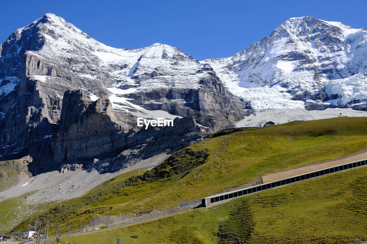 Scenic view of snowcapped mountains against clear sky