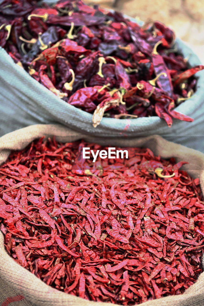 Close-up of red chili peppers in market