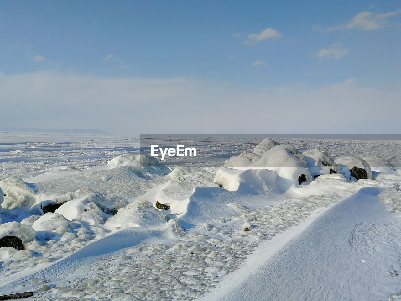 scenic view of snow covered field against sky
