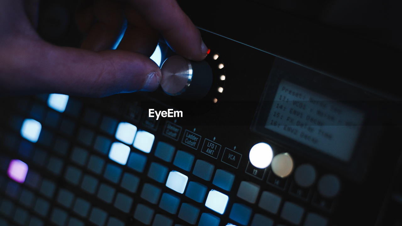 Music synthesizer with soft light. close up