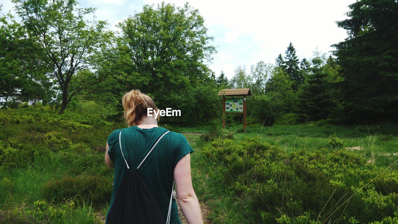 REAR VIEW OF MAN STANDING ON FIELD AGAINST TREES