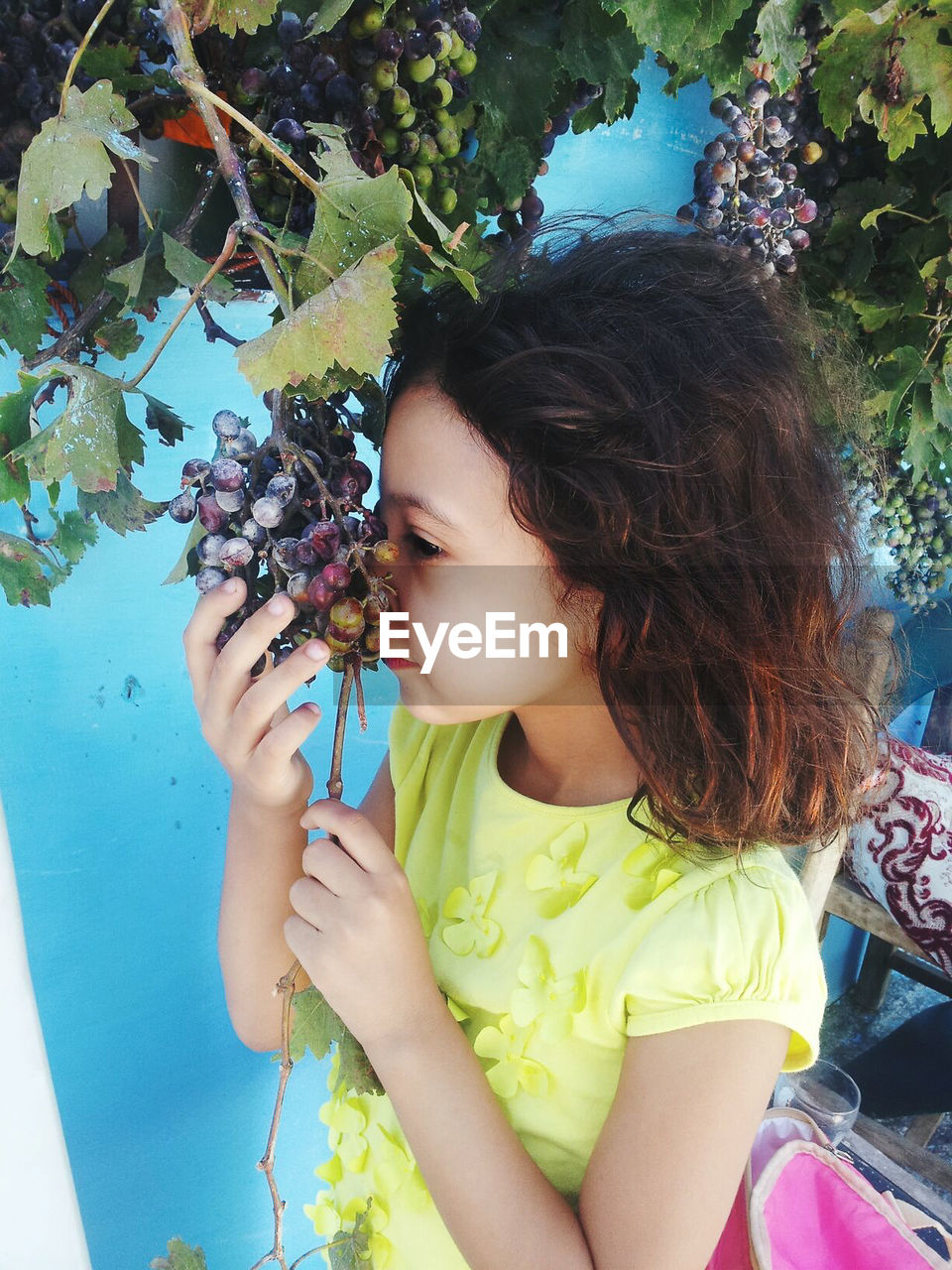 Girl smelling grapes growing by wall