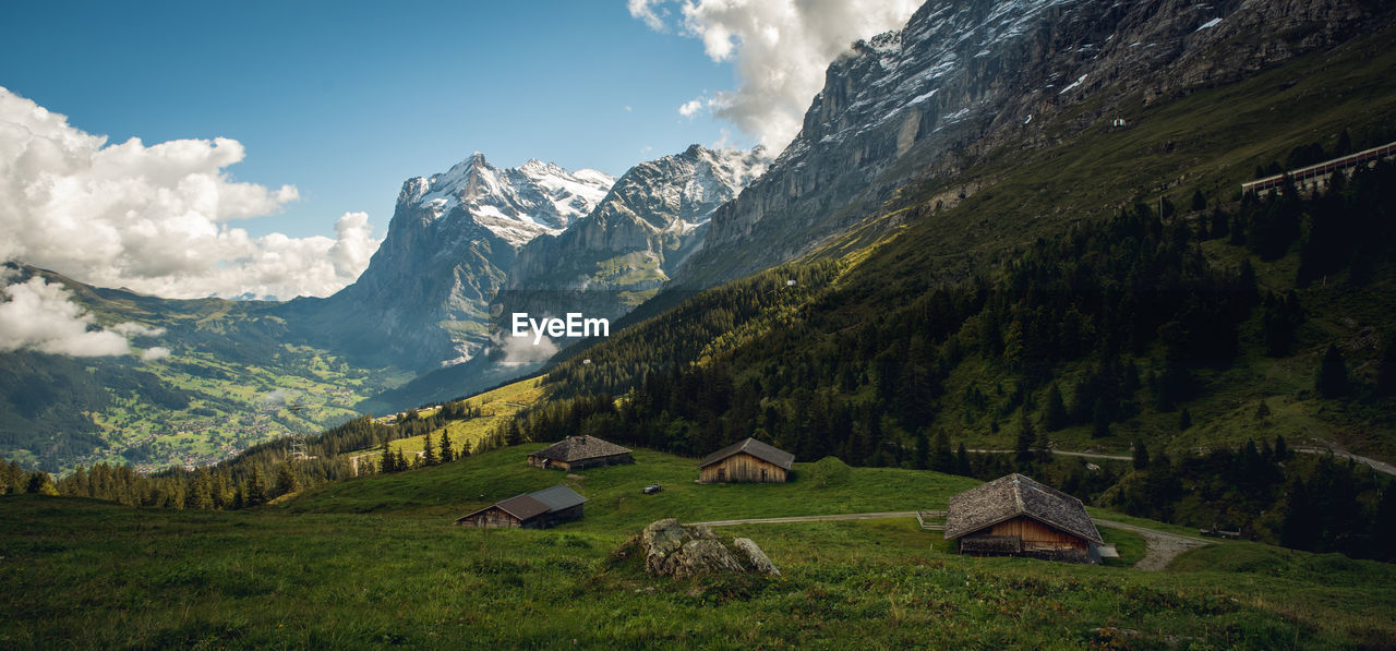 Panoramic view of alpine meadow and mountains against sky