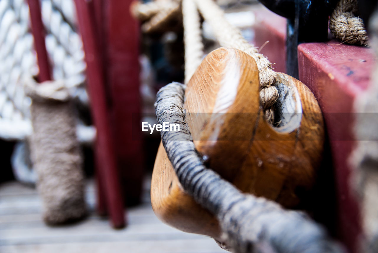 Close-up of rope and pully on tall ship