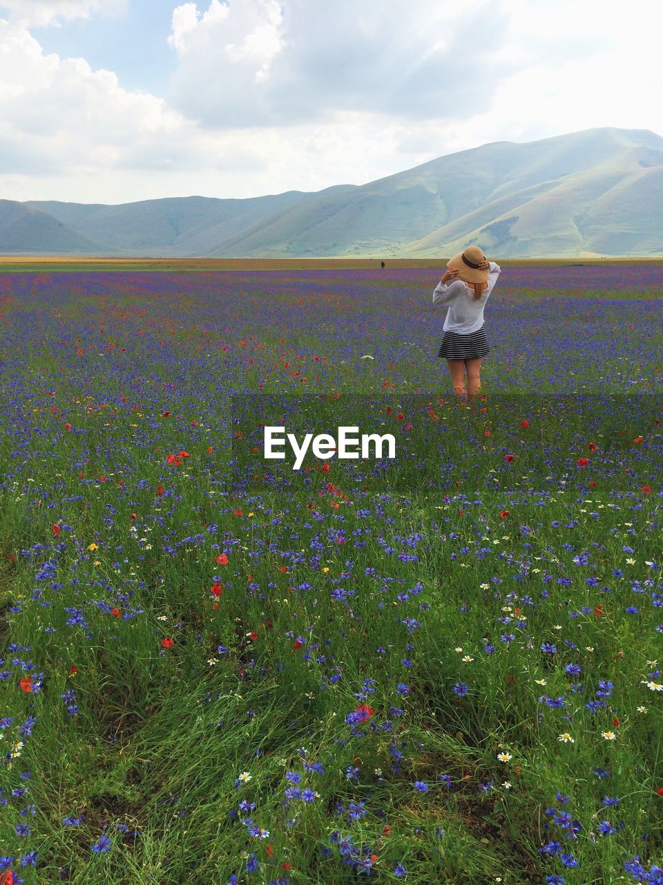 Rear view of woman standing in field against sky