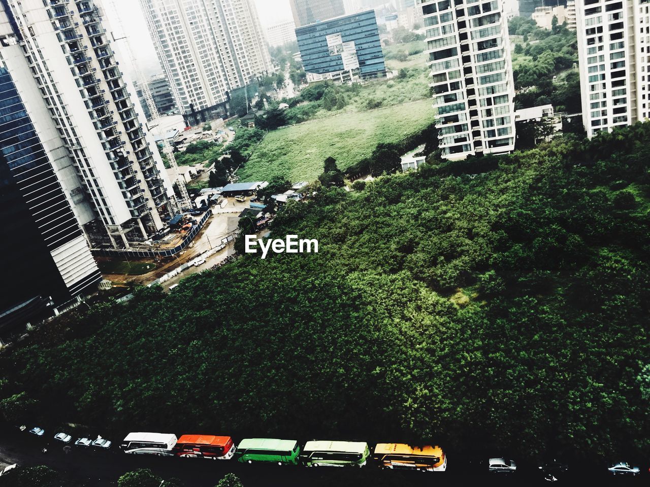 HIGH ANGLE VIEW OF CITY BUILDINGS AND TREES
