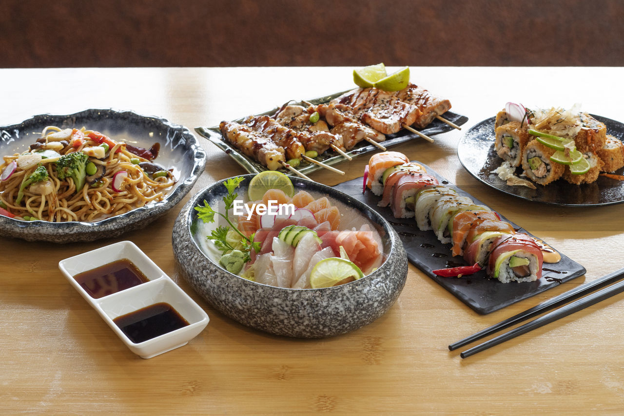 High angle view of asian food on table