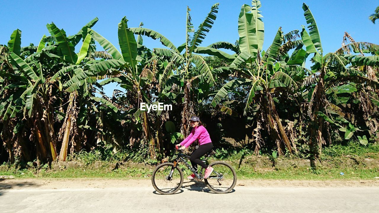 Young woman riding bicycle on street by trees