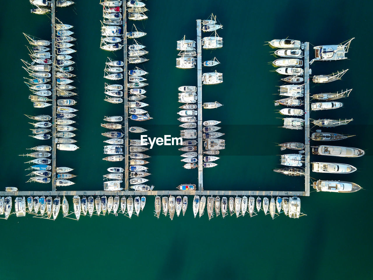 Aerial view of boats moored marina