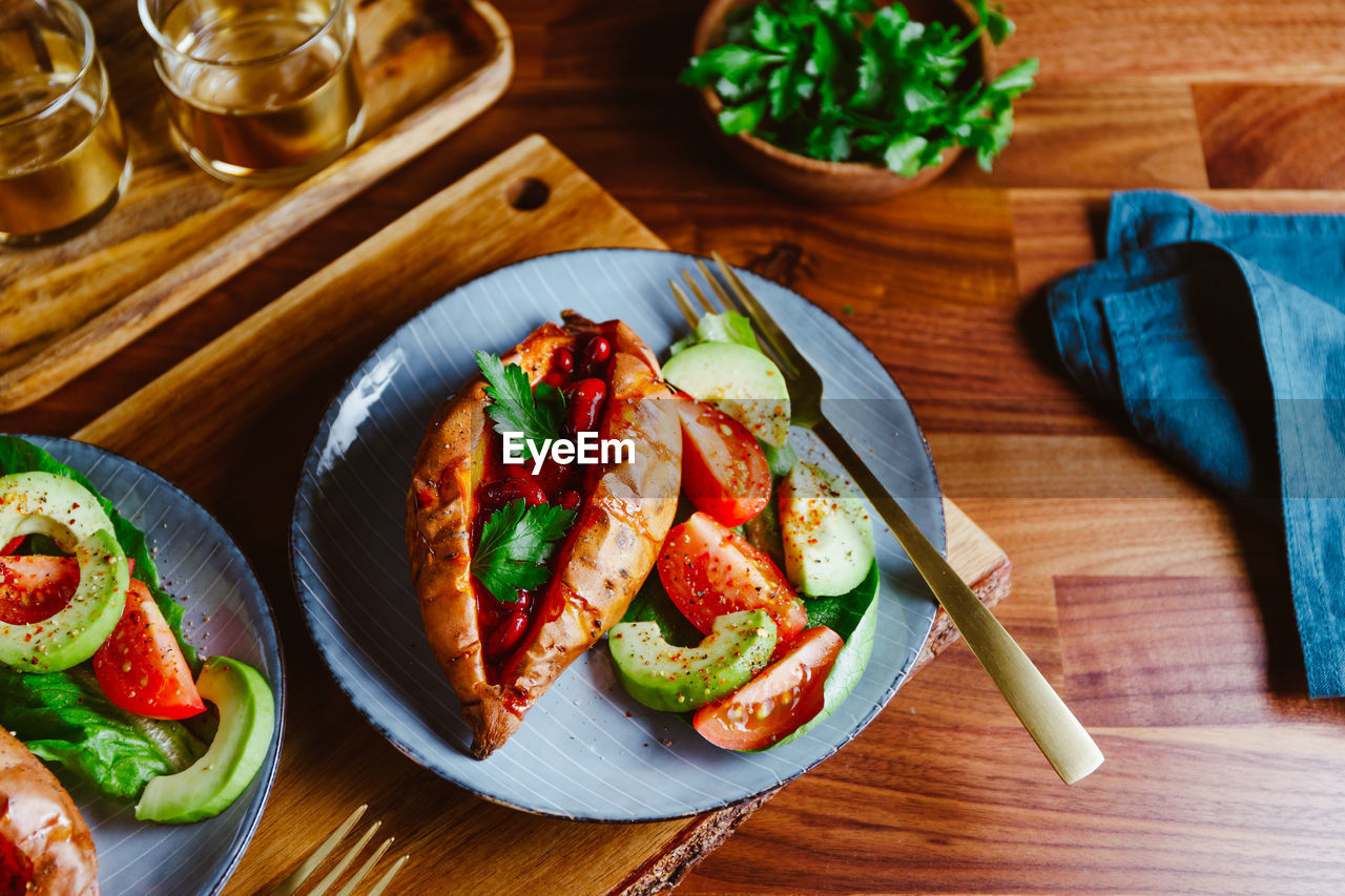Close-up of food served on table