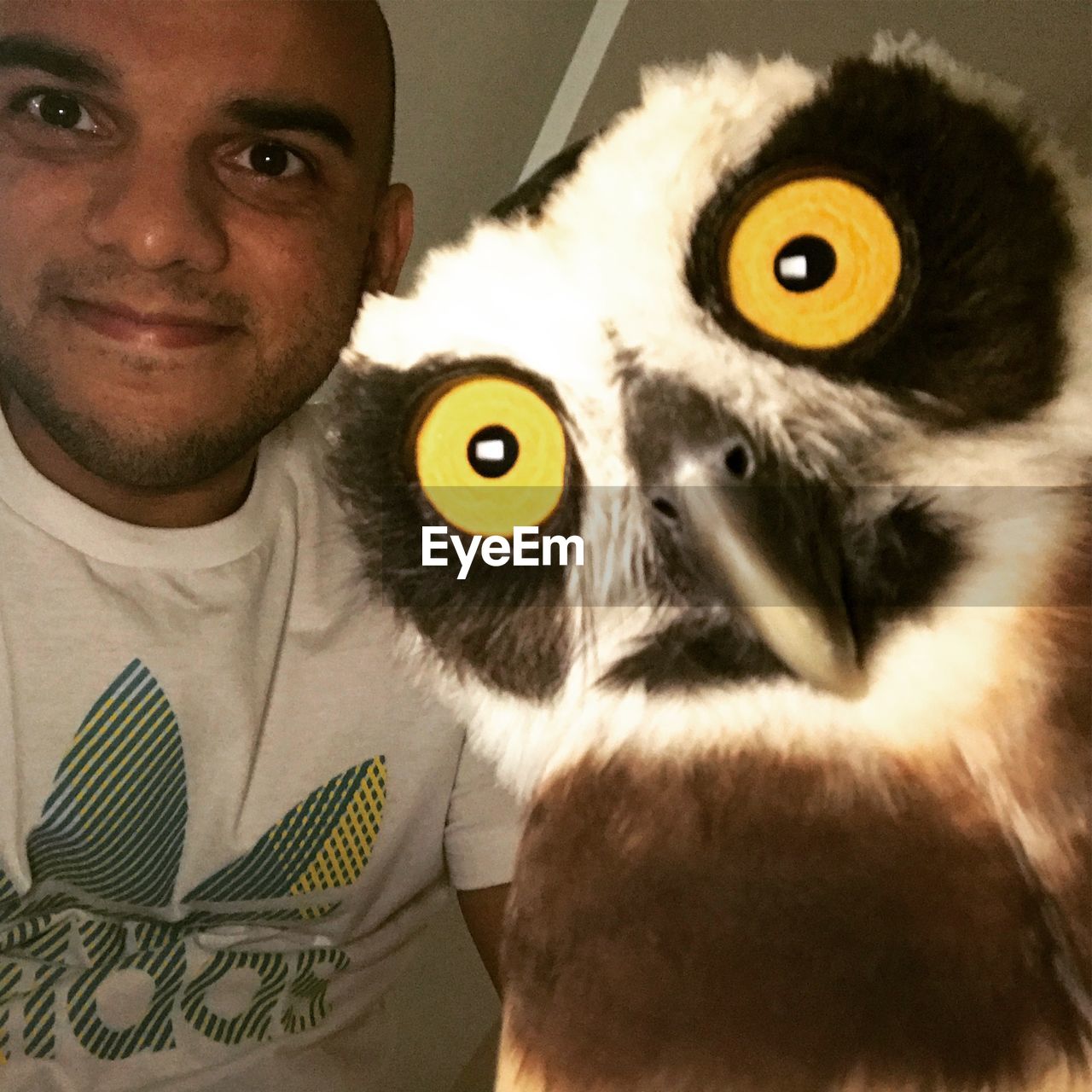CLOSE-UP PORTRAIT OF YOUNG MAN WITH BIRD AT HOME