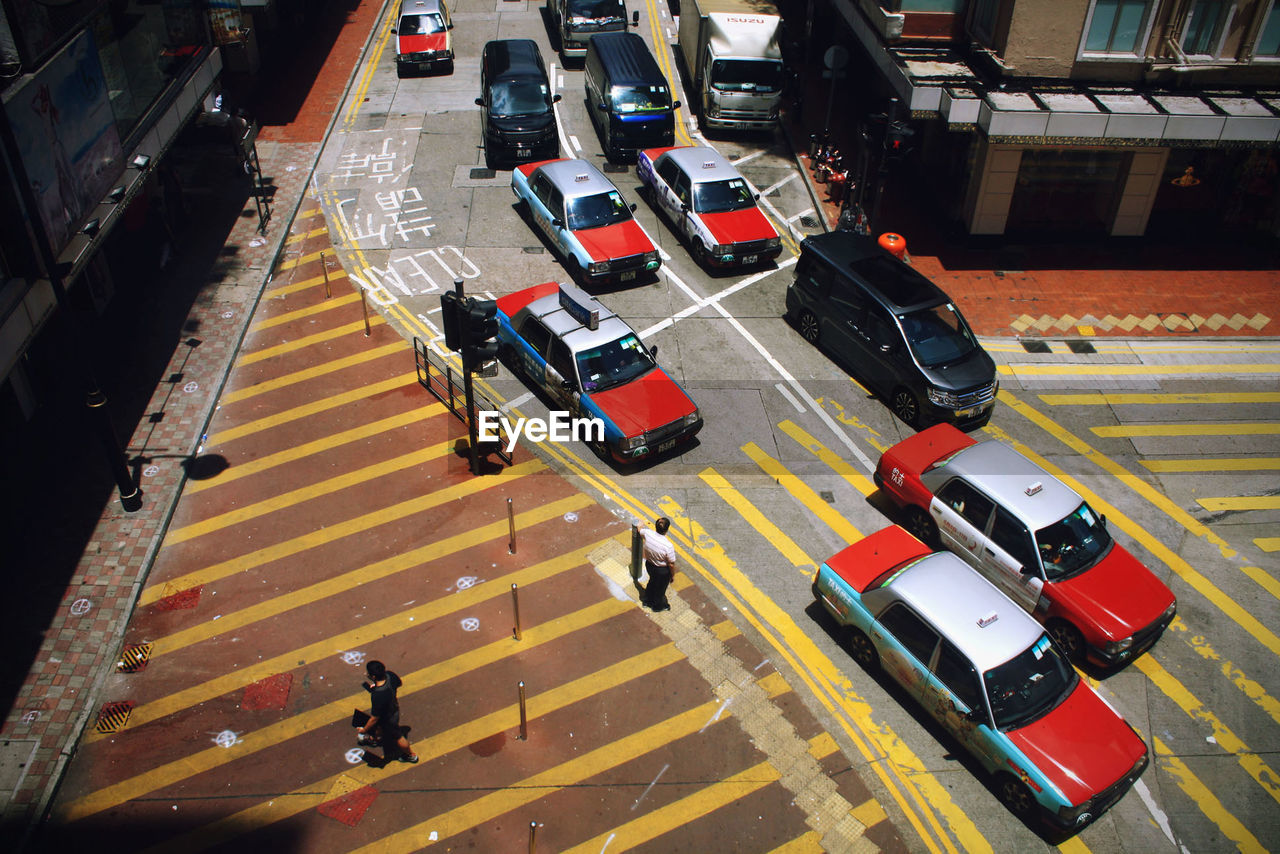 Elevated view of cars in street