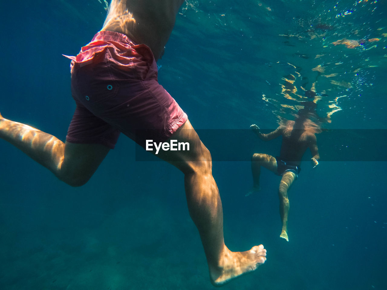 Low section of men swimming in sea