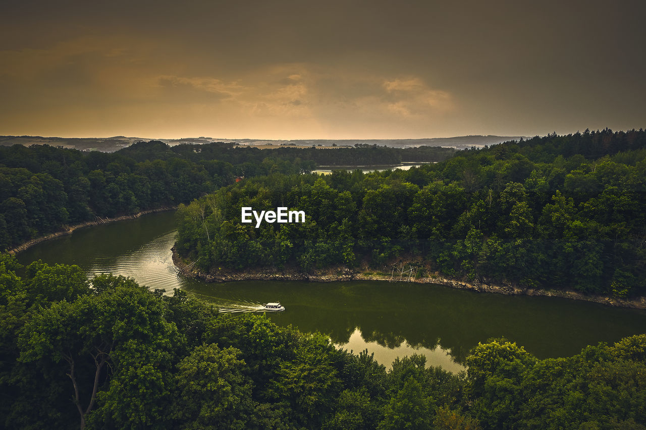 Scenic view of river in forest against sky