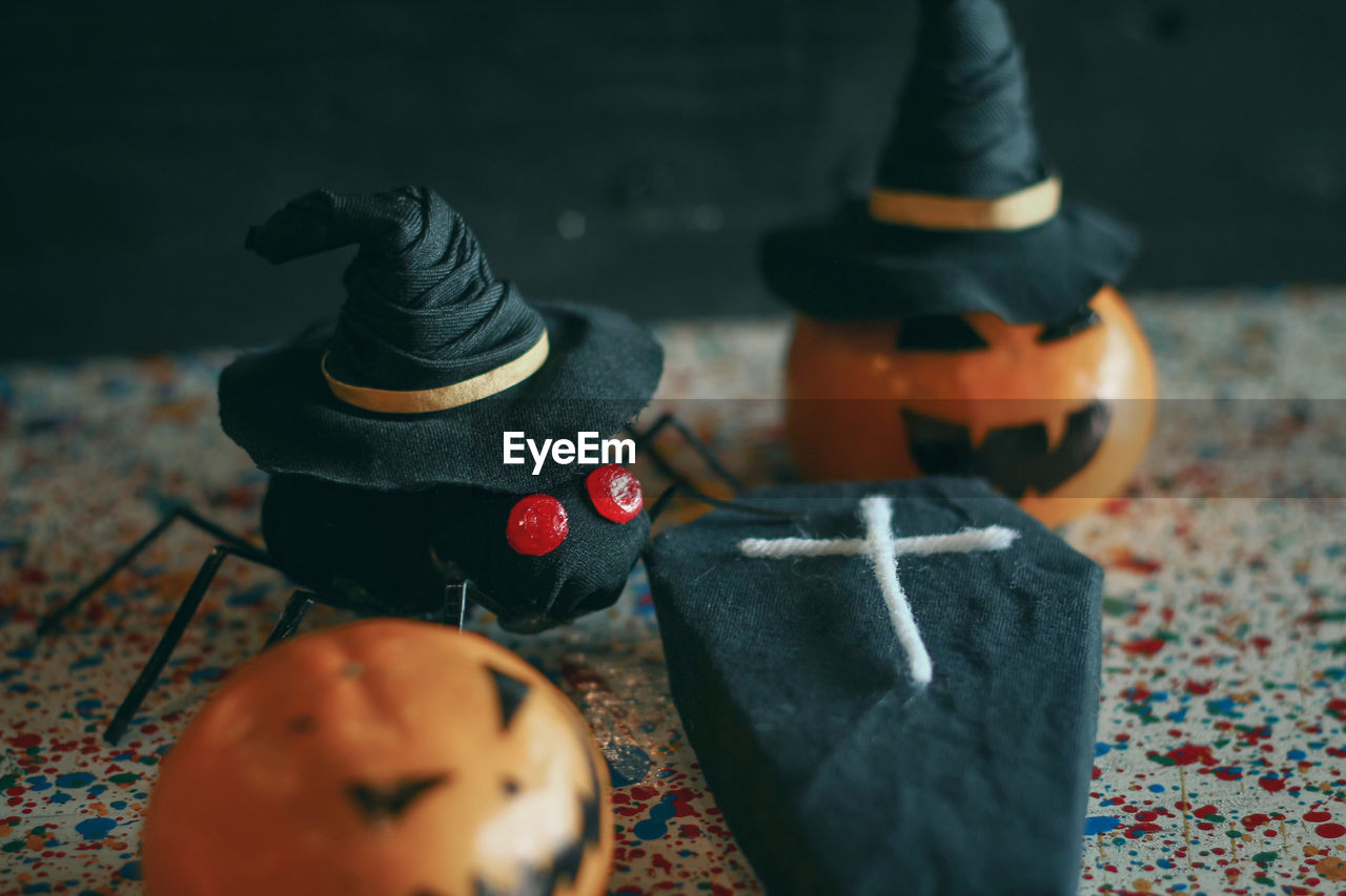 Close-up of halloween decorations on table