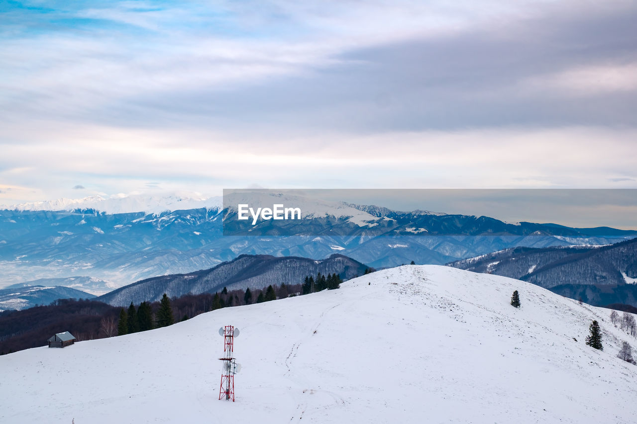 Scenic view of snow covered mountains against sky