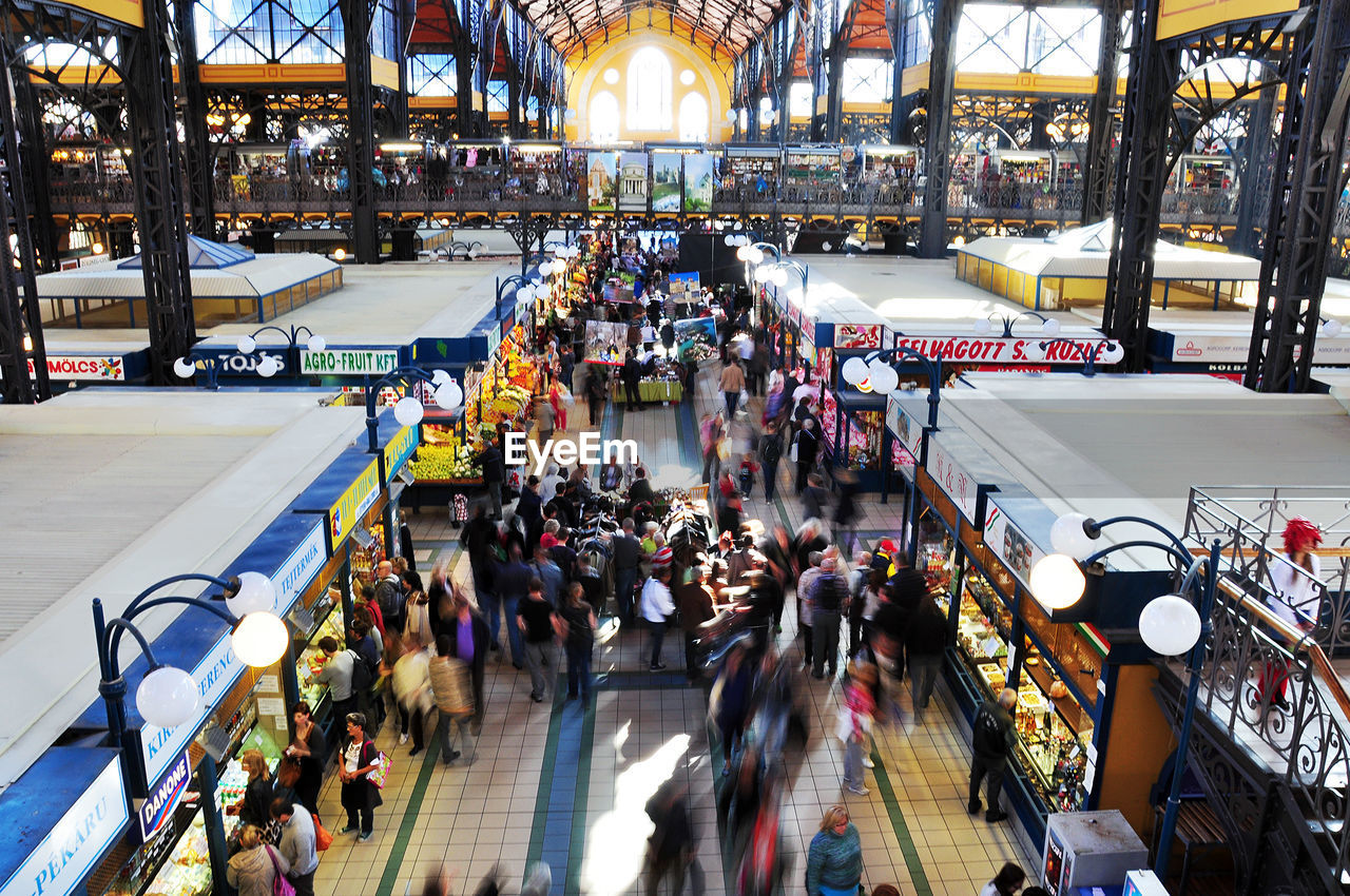 High angle view of people at central market hall