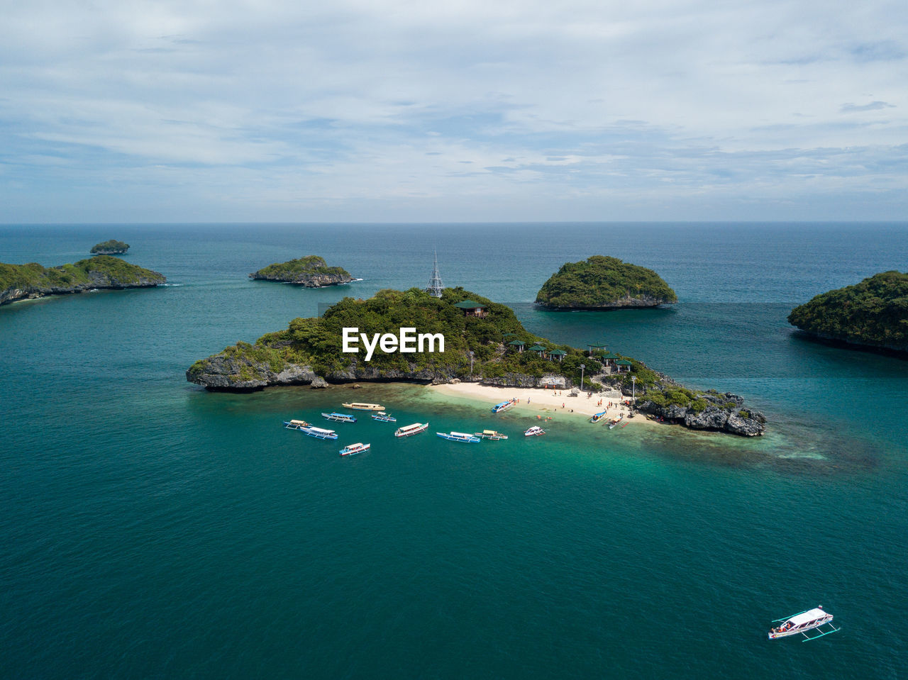 Panorama drone picture of lopez island in hundred islands national park in pangasinan, philippines