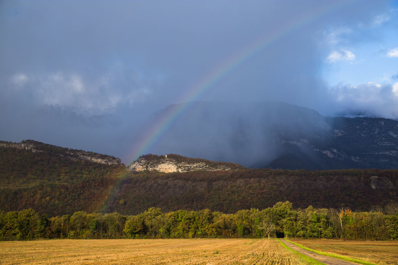 Scenic view of rainbow over mountain against sky