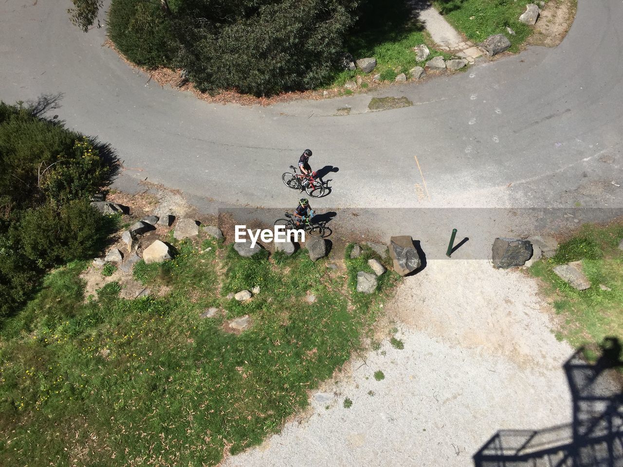 Directly above shot of men with bicycles on road